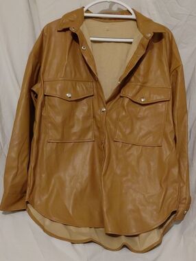 Faux Leather Shirt Jacket in Camel